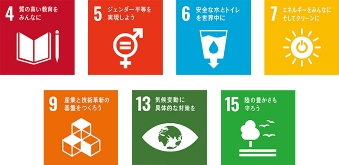 4.質の高い教育をみんなに 5.ジェンダー平等を実現しよう 6.安全な水とトイレを世界中に 7.エネルギーをみんなにそしてクリーンに 9.産業と技術革新の基盤を作ろう 13.気候変動に具体的な対策を 15.陸の豊かさも守ろう